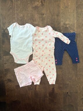 Bundle of FIVE 5 Baby Girl Items- 1 Matching set, 1 pant, 1 short, 1 Onesie Pink